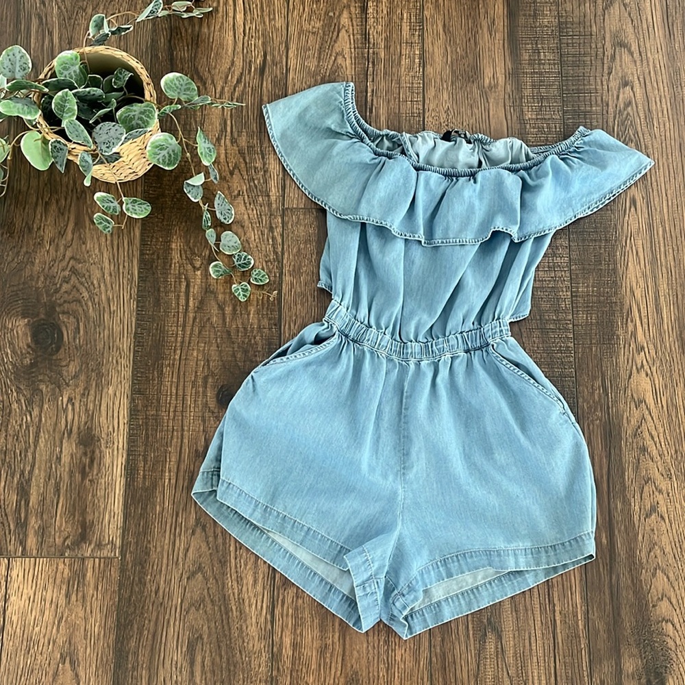 Express Denim Ruffle Off Shoulder Open Back Romper - Picture 1 of 7